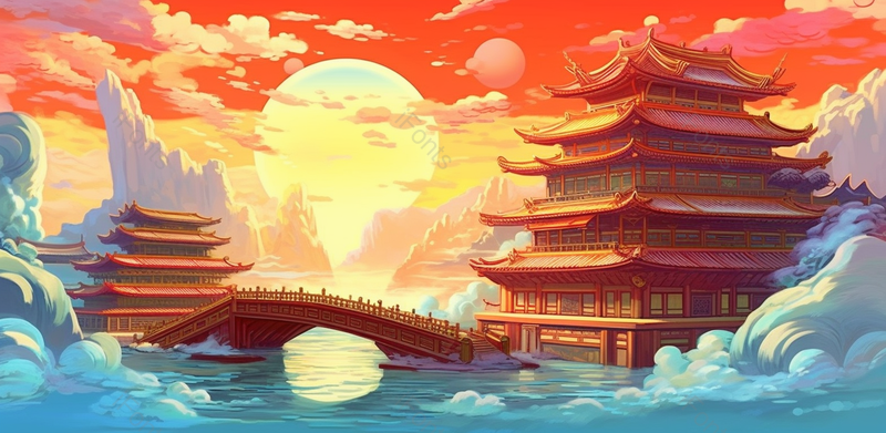 国潮风景宫殿拱桥水彩插画,插画/手绘图,插画/手绘图库,插画/手绘图下载,插画/手绘